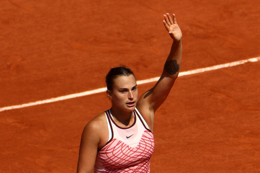 Aryna Sabalenka celebrates her 50th Grand Slam win at the French Open 2023 after defeating Olga Danilovic in straight sets.