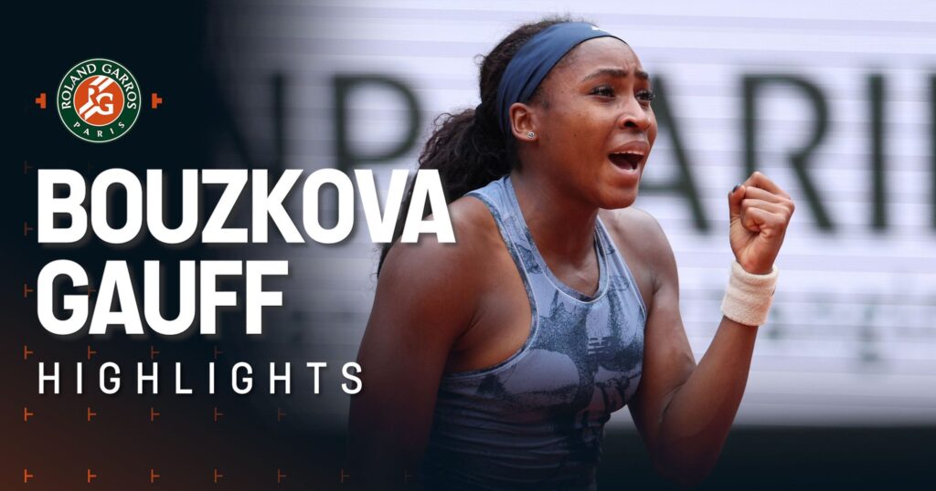 Marie Bouzkova and Coco Gauff competing in a thrilling match at Roland Garros, showcasing intense tennis highlights.