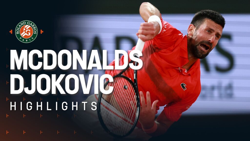 Novak Djokovic celebrates his victory over Filip Misolic at Roland Garros, showcasing intense match highlights.
