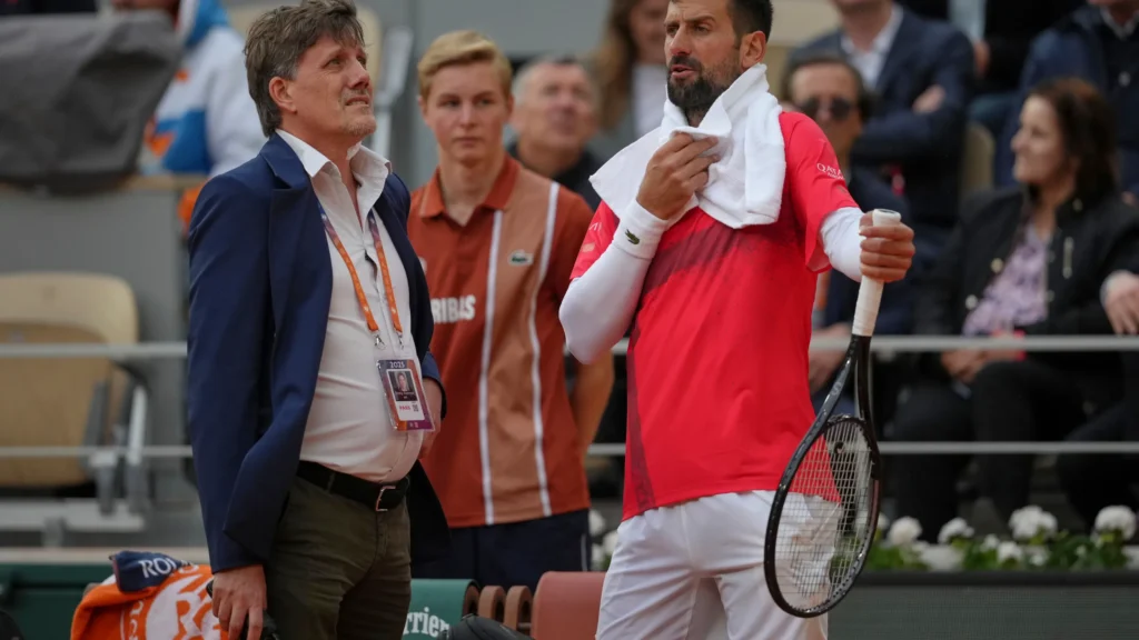Novak Djokovic discussing his request to skip a match for the Champions League final, showing support for PSG.