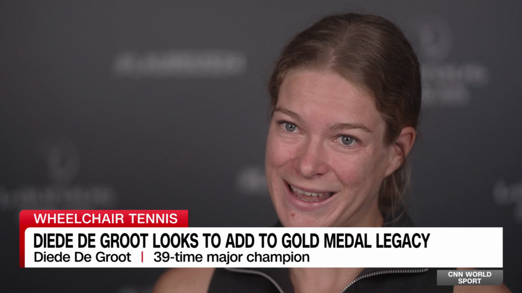 Diede de Groot in tears during her French Open match, reflecting on her emotional journey in wheelchair tennis.