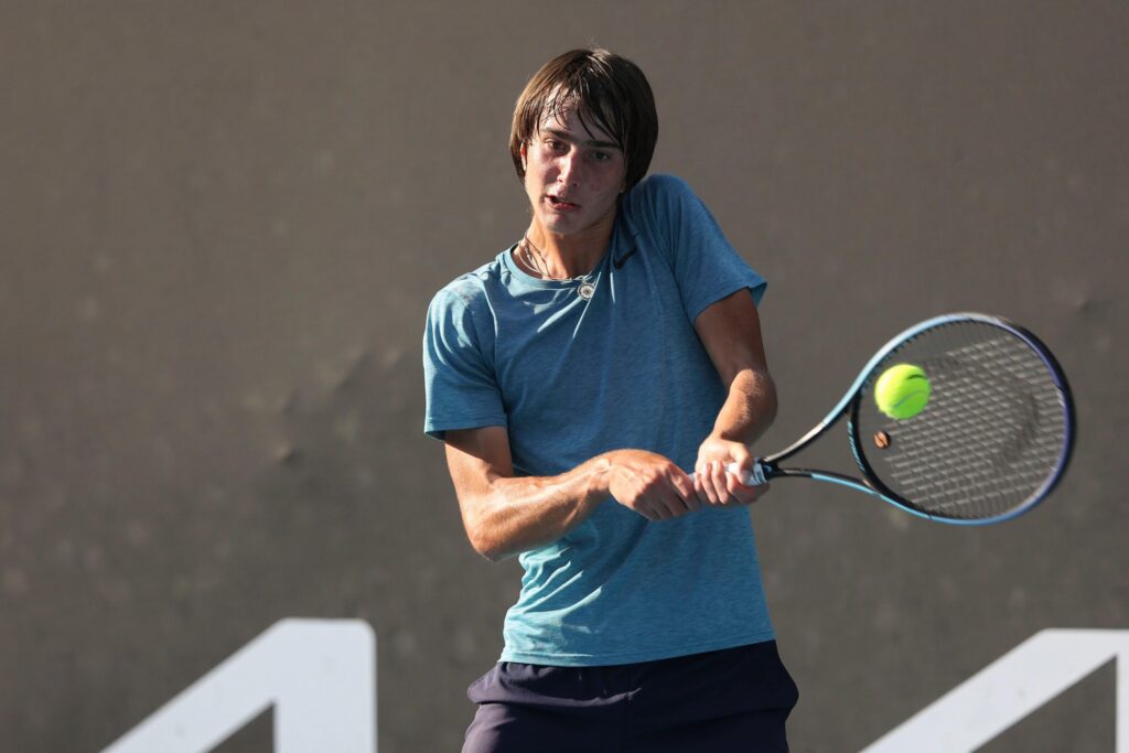 Kilian Feldbausch, a young Swiss tennis player, celebrates victory at an ATP Challenger event in Boca Raton, Florida.