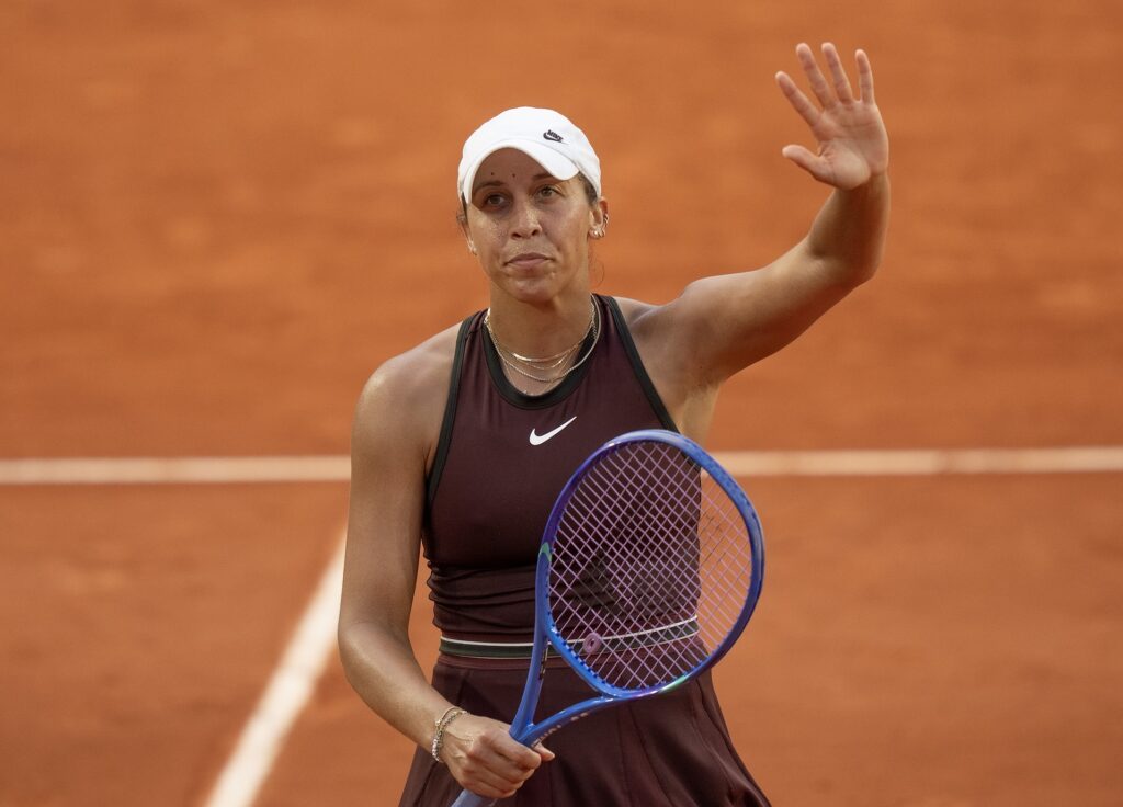 Madison Keys celebrates reaching the Roland Garros quarterfinals for the first time in six years.