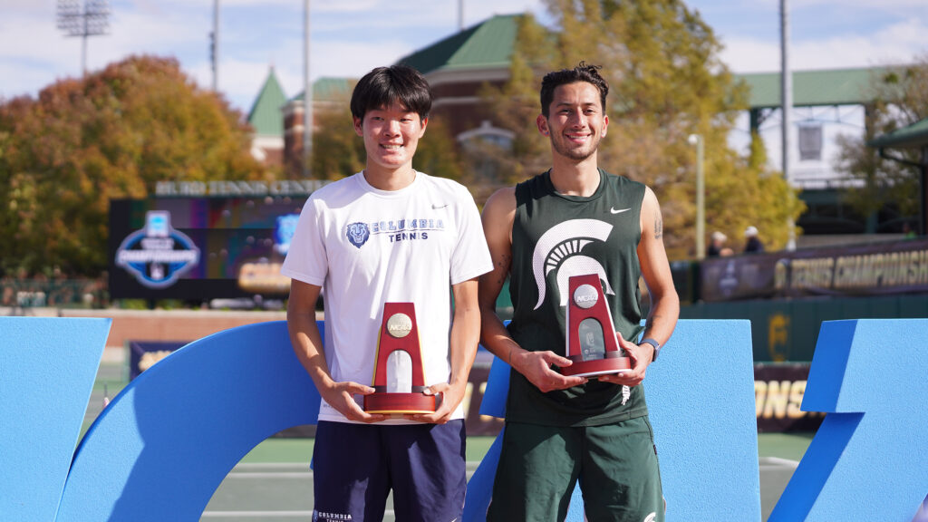 Colton Smith and Michael Zheng celebrate as ATP Next Gen Accelerator qualifiers at a tennis event.