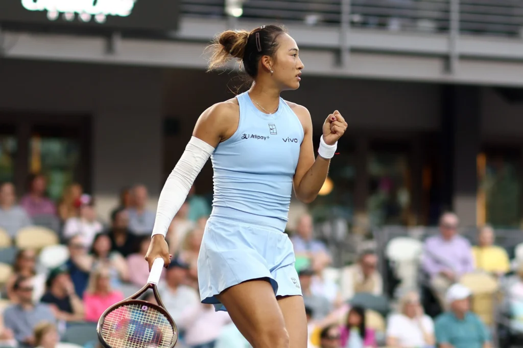 Zheng Qinwen practices on a clay court, preparing for her quarter-final match at Roland Garros, June 2025.