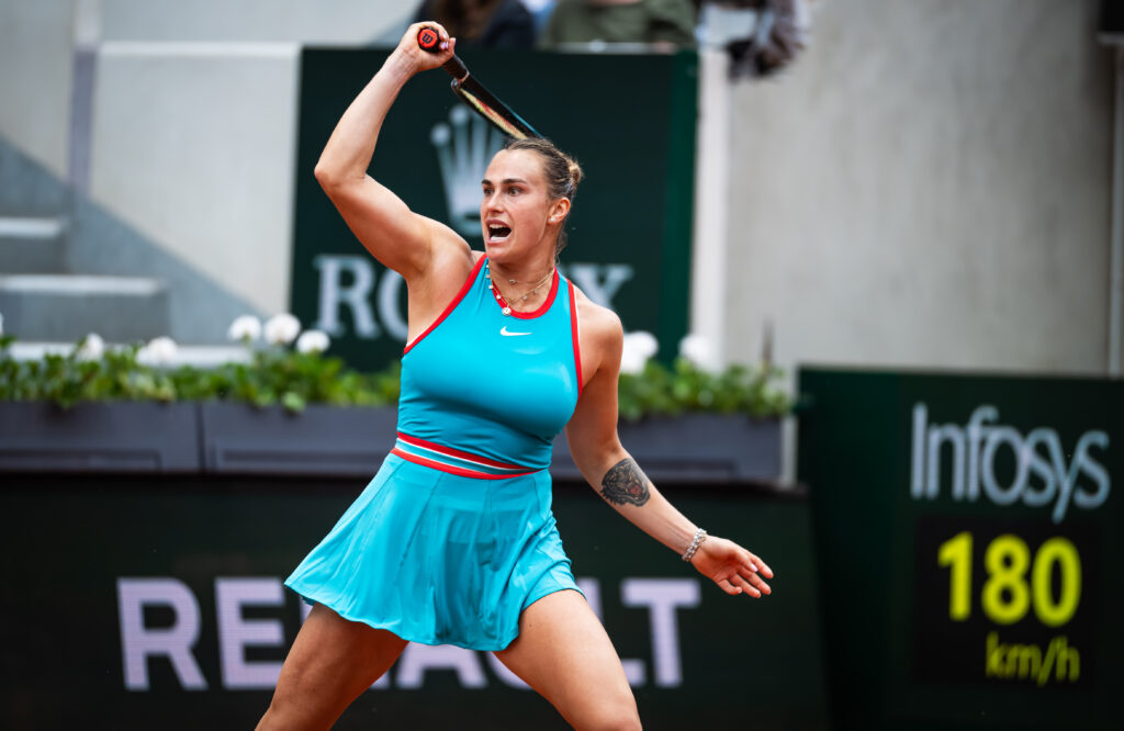 Aryna Sabalenka celebrates her victory over Zheng Qinwen to advance to the Roland Garros semifinals.