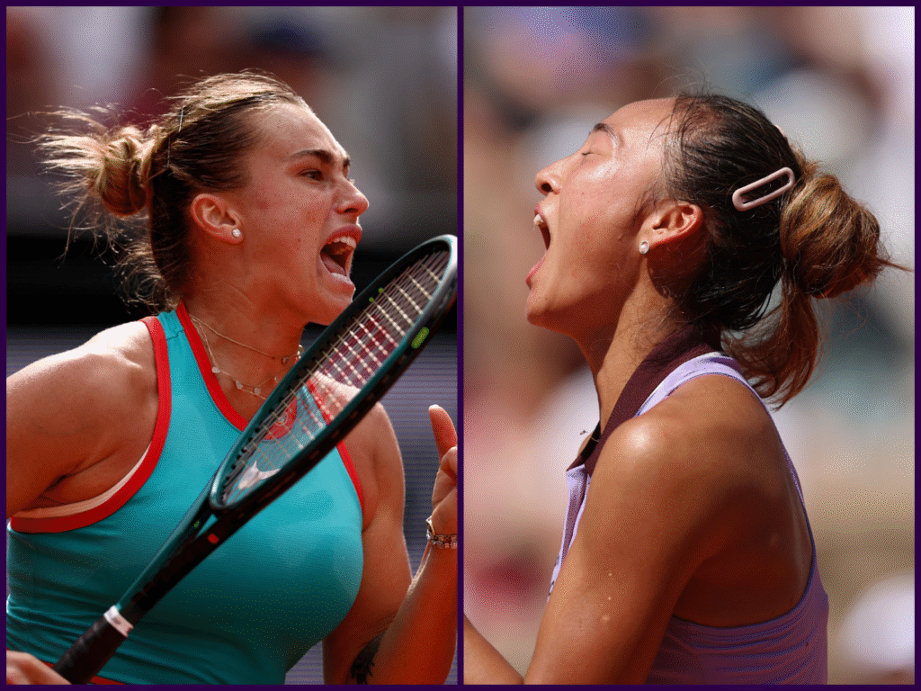 Aryna Sabalenka and Qinwen Zheng competing fiercely during their thrilling Roland Garros match highlights.