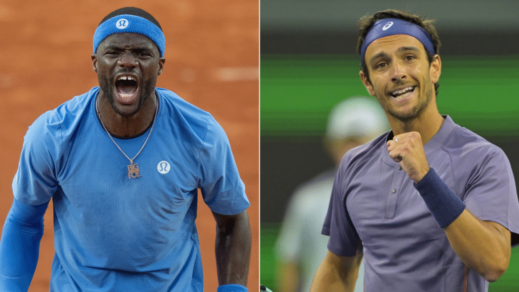 Lorenzo Musetti in action against Frances Tiafoe at the French Open, showcasing his strong start in the match.