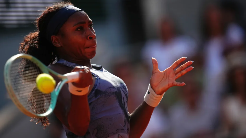 Coco Gauff celebrates a thrilling comeback during her French Open quarter-final match against Madison Keys.