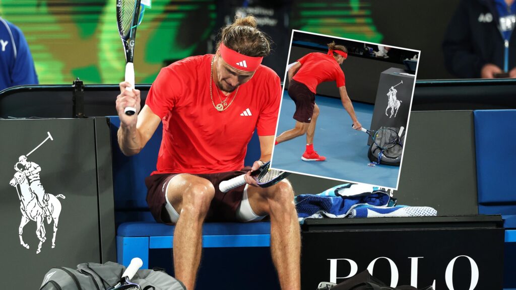 Alexander Zverev reacts humorously after swallowing a fly during his French Open 2025 match against Novak Djokovic.