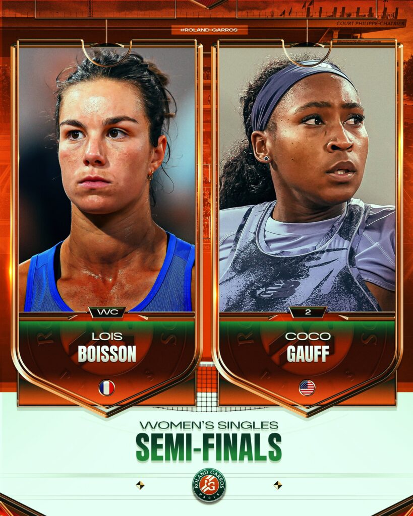 Lois Boisson and Coco Gauff compete in the 2025 French Open semi-final on Court Philippe-Chatrier.